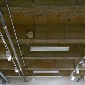 Installation view, "Untitled" felt, house paint, acrylic paint mounted on ceiling beams. 9" x 12" Mount St. Mary's College, Jose Drudis-Biada Gallery, CA, 2012