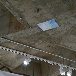 Installation view, "Powder Blue Felt" mounted on ceiling, Mount St. Mary's College, Jose Drudis-Biada Gallery, CA, 2012